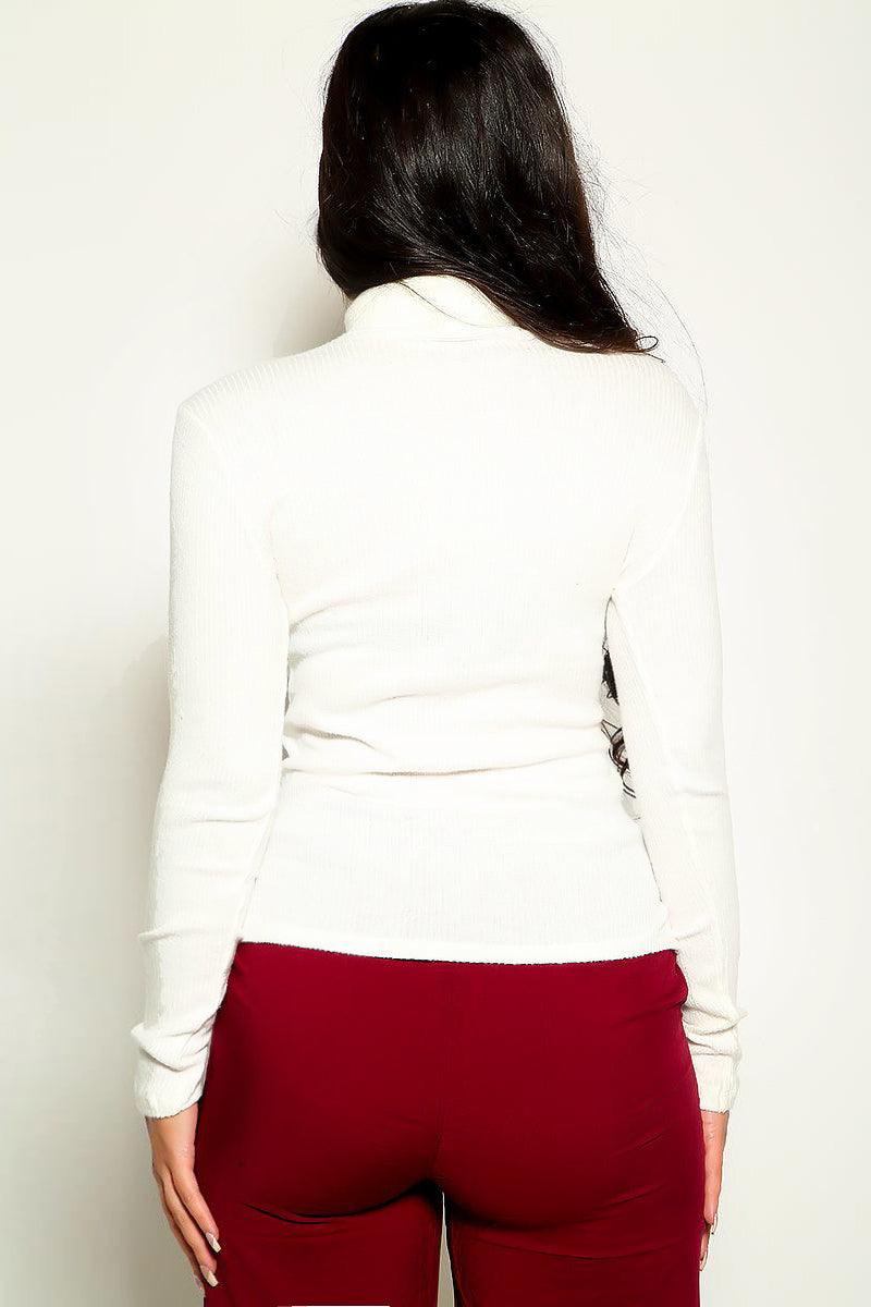 White Turtleneck Ribbed Long Sleeve Top - AMIClubwear