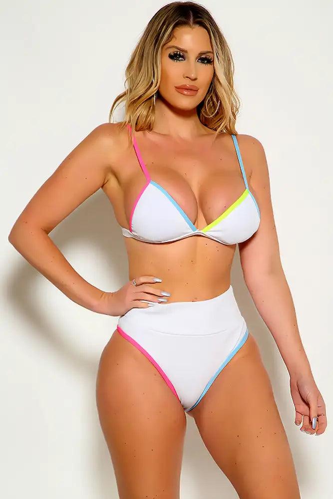 White Two Tone High Waist Padded Two Piece Swimsuit - AMIClubwear