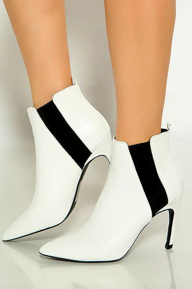 White Two Tone Pointy Toe High Heel Booties - AMIClubwear