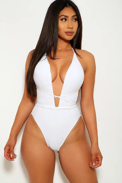 White V-Cut Braided One Piece Swimsuit - AMIClubwear