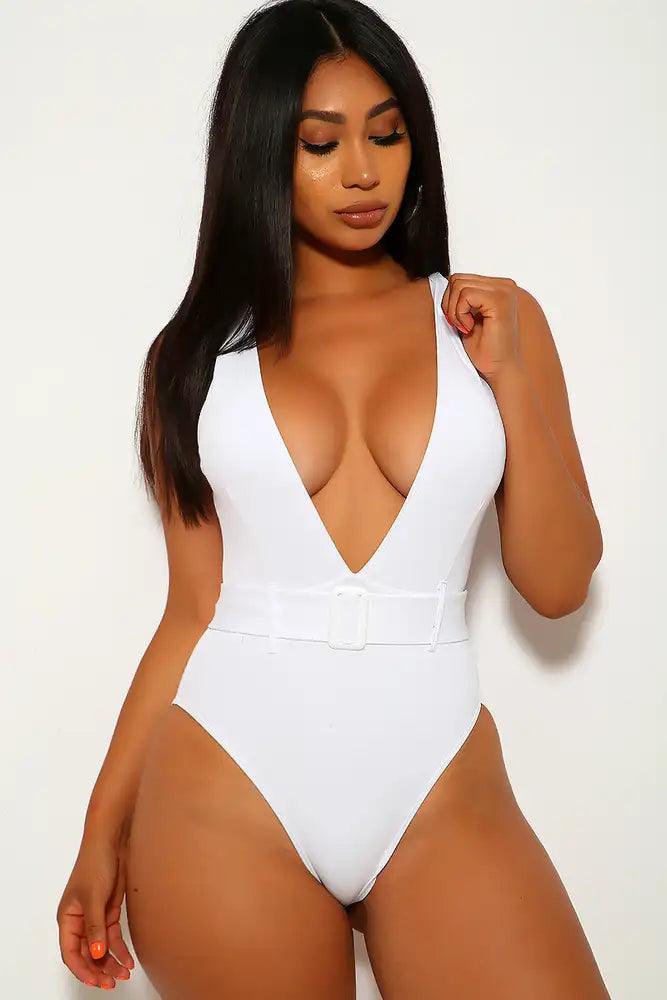 White V-Cut One Piece Swimsuit - AMIClubwear