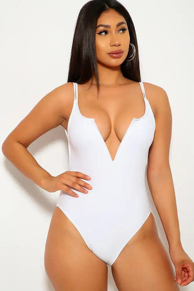 White V-Cut One Piece Swimsuit - AMIClubwear