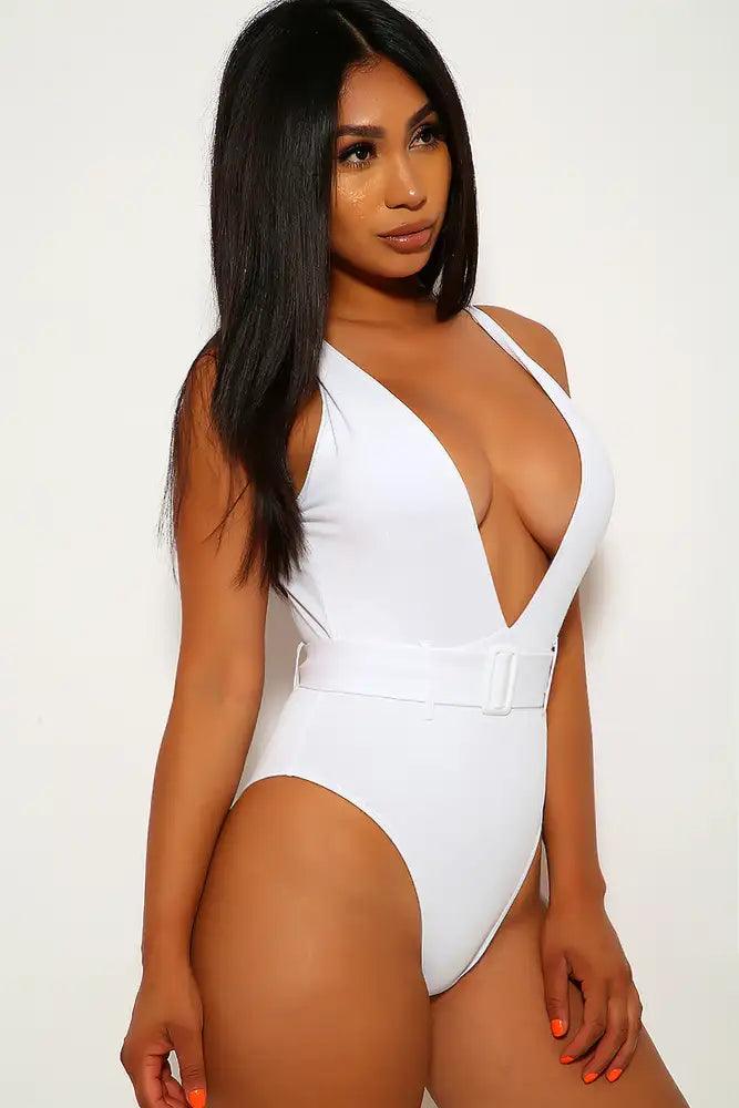 White V-Cut One Piece Swimsuit - AMIClubwear