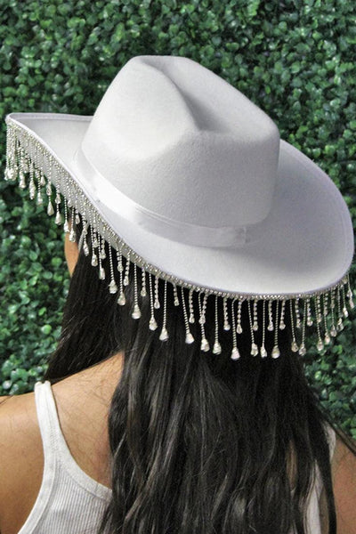White Western Rhinestone Fringe Cowboy Hat - AMIClubwear