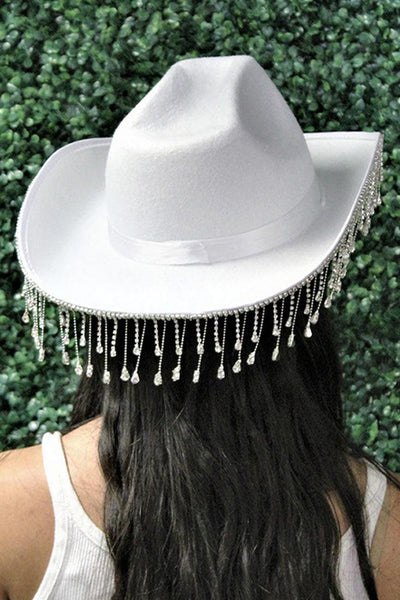 White Western Rhinestone Fringe Cowboy Hat - AMIClubwear