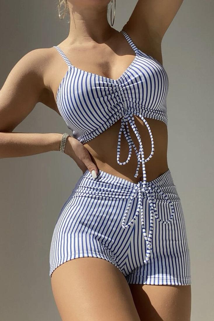 White With Blue Pinstripes Boy Shorts Bikini - AMIClubwear