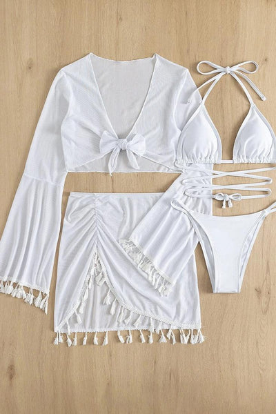 White Wrap Around Triangle Top Tassel Trim Cover Up 4 Pc Bikini Set - AMIClubwear