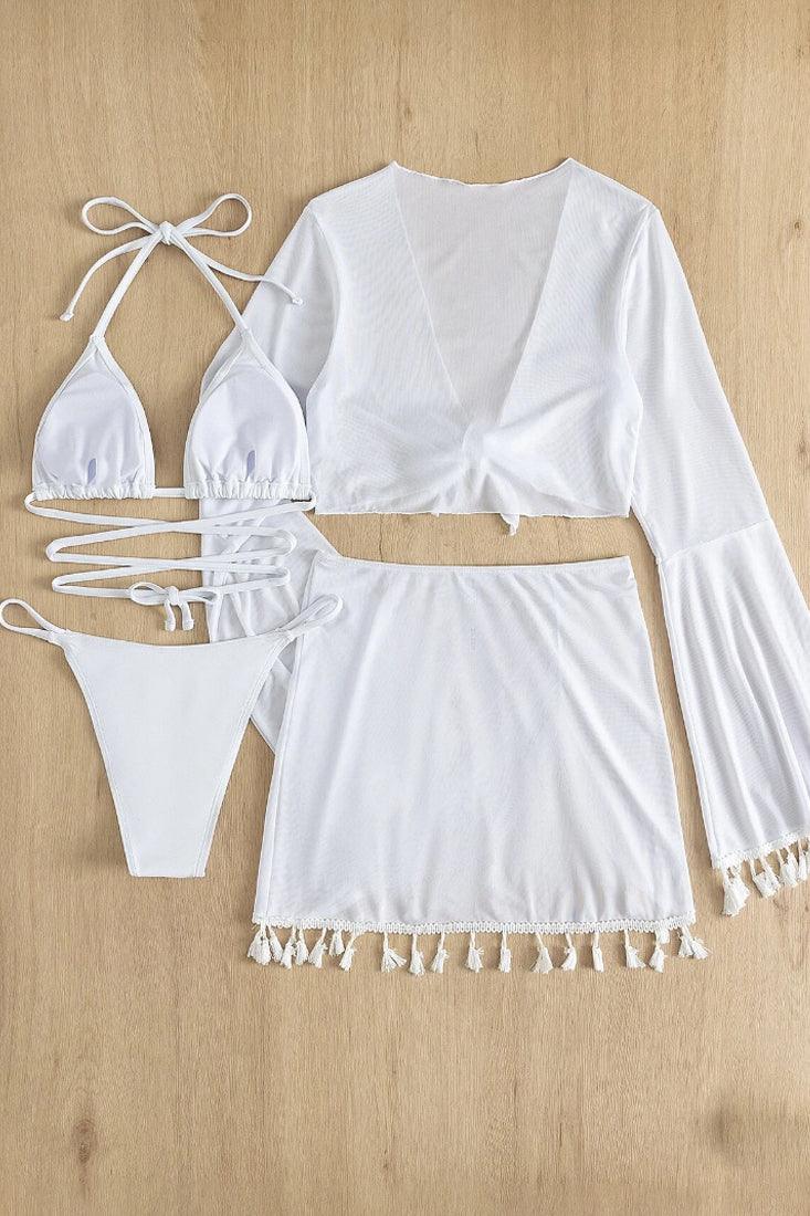 White Wrap Around Triangle Top Tassel Trim Cover Up 4 Pc Bikini Set - AMIClubwear