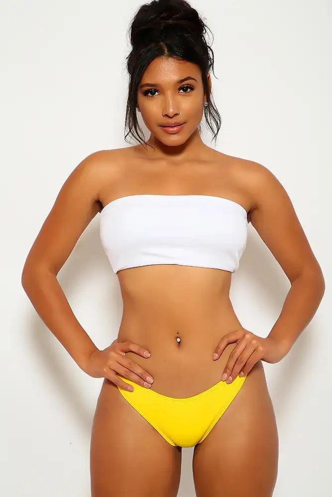 White Yellow Bandeau Two Piece Swimsuit - AMIClubwear