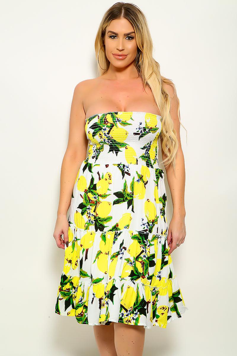 White Yellow Lemon Print Strapless Summer Dress - AMIClubwear