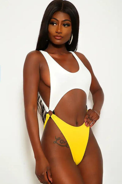 White Yellow Ribbed O-Ring Detail One Piece Swimsuit - AMIClubwear