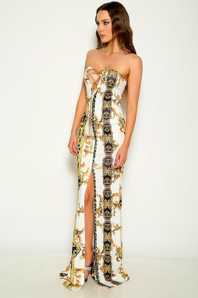 White Yellow Strapless Chain Accent Printed Maxi Dress - AMIClubwear