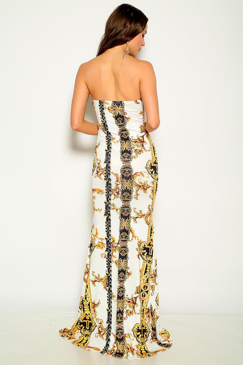 White Yellow Strapless Chain Accent Printed Maxi Dress - AMIClubwear