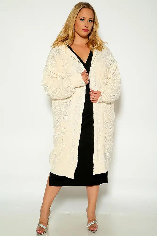 Whte Long Sleeve Knitted Hooded Open Front Plus Size Cardigan - AMIClubwear