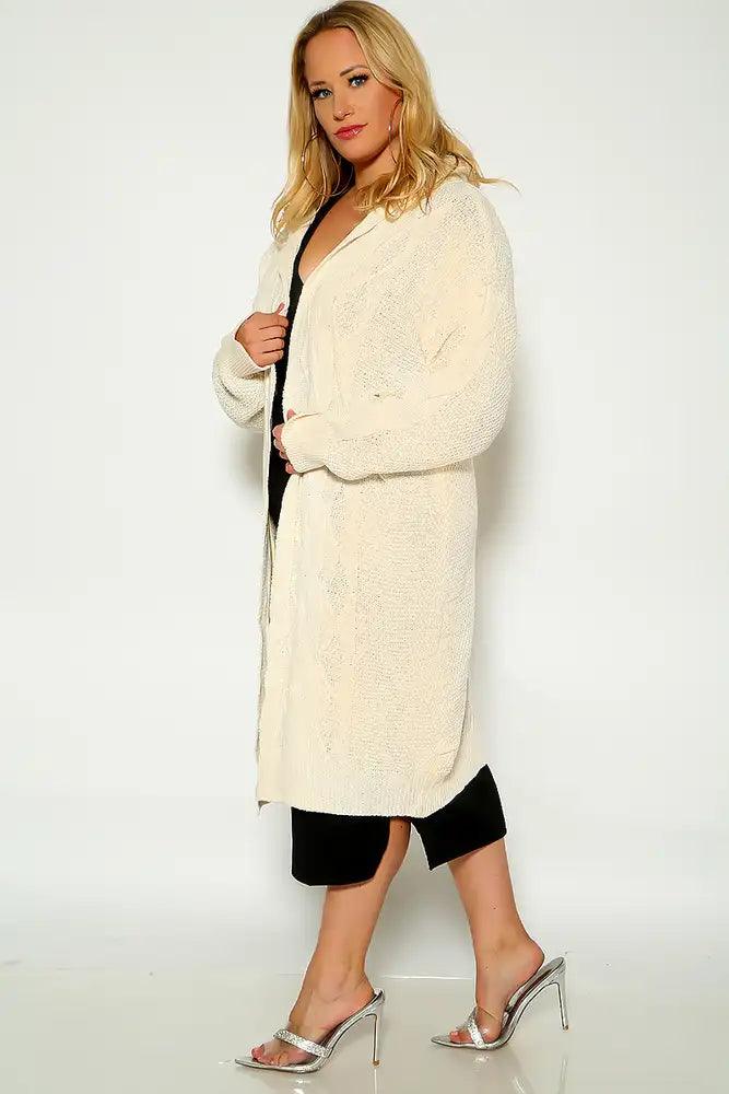 Whte Long Sleeve Knitted Hooded Open Front Plus Size Cardigan - AMIClubwear