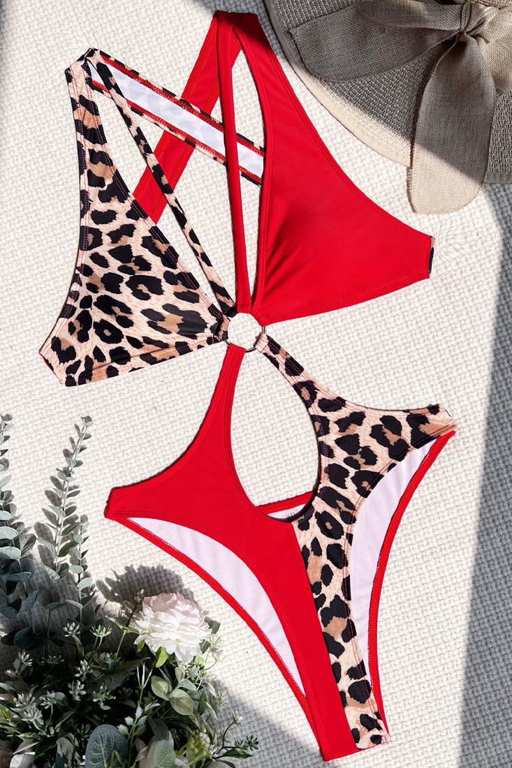 Wild Red Leopard O-Ring Linked Hollow Out Monokini - AMIClubwear