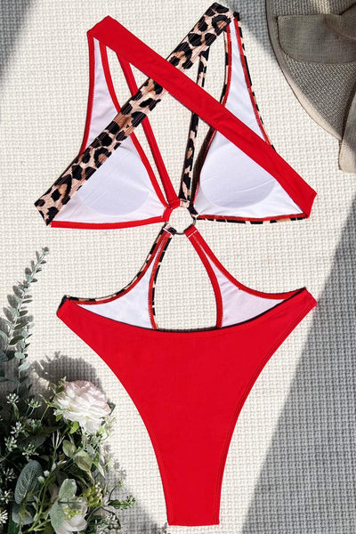 Wild Red Leopard O-Ring Linked Hollow Out Monokini - AMIClubwear