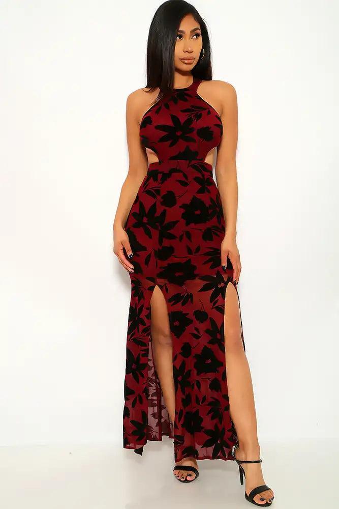 Wine Black Velvet Cut Out Maxi Party Dress - AMIClubwear