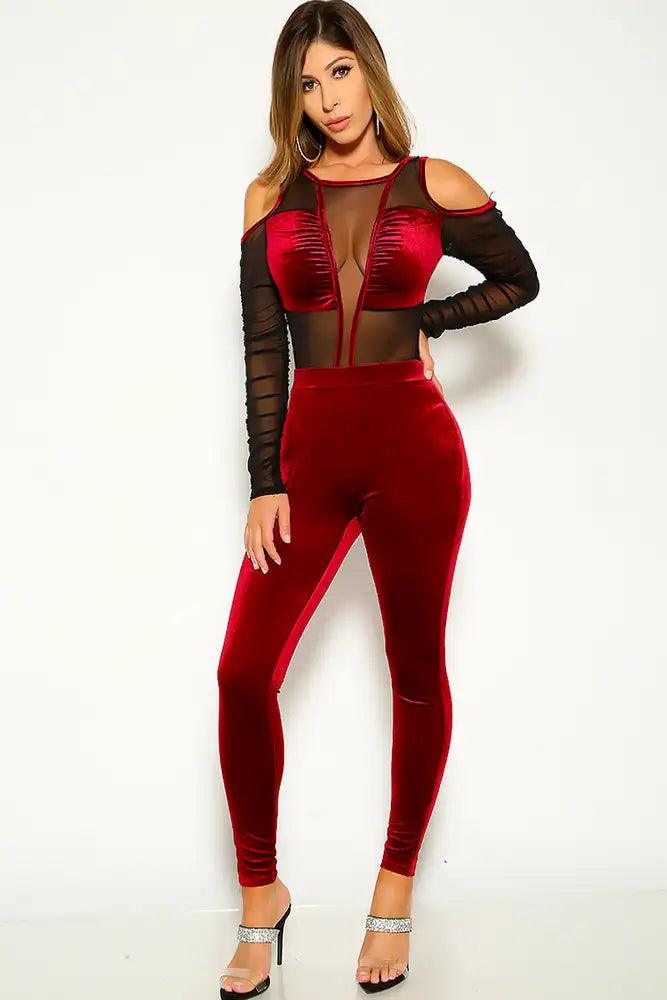 Wine Black Velvet Long Sleeve Two Piece Outfit - AMIClubwear