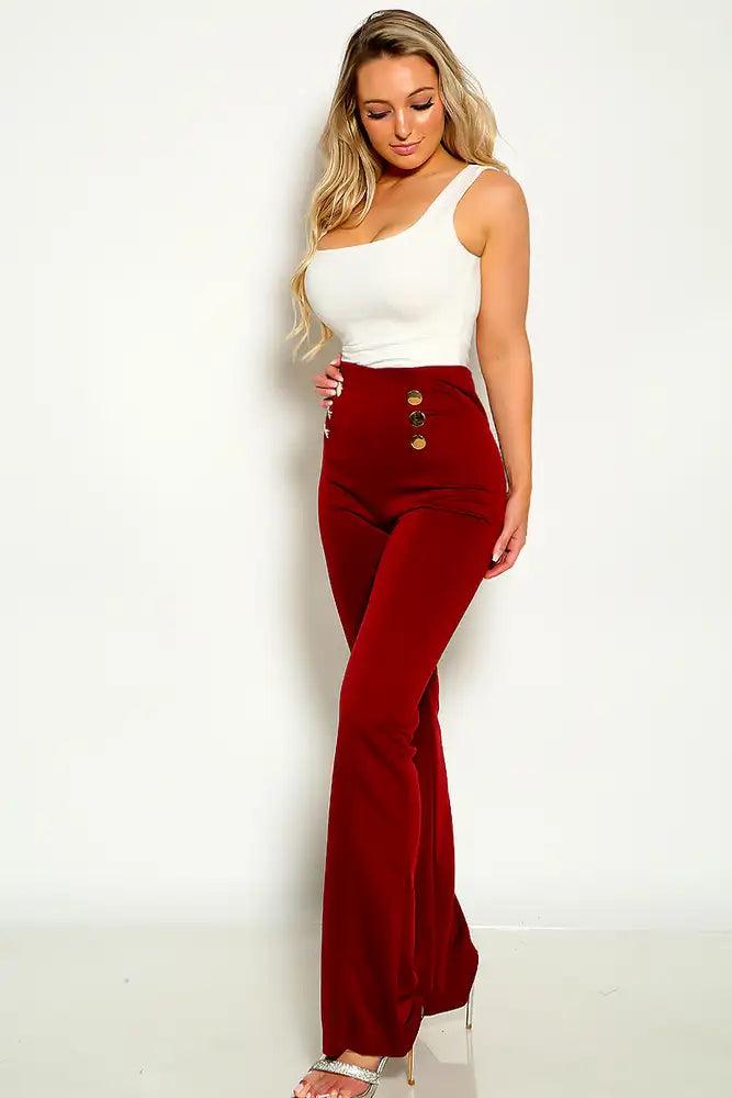 Wine Button Accent High Waist Pants - AMIClubwear