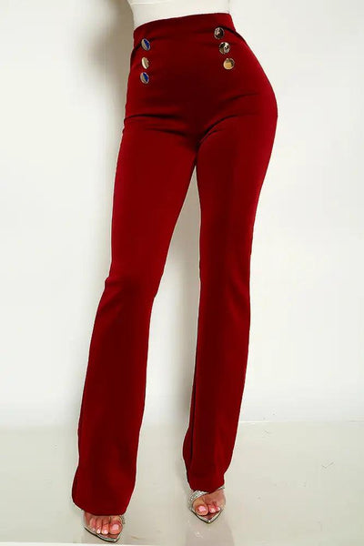 Wine Button Accent High Waist Pants - AMIClubwear