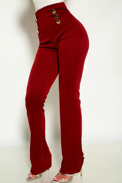 Wine Button Accent High Waist Pants - AMIClubwear