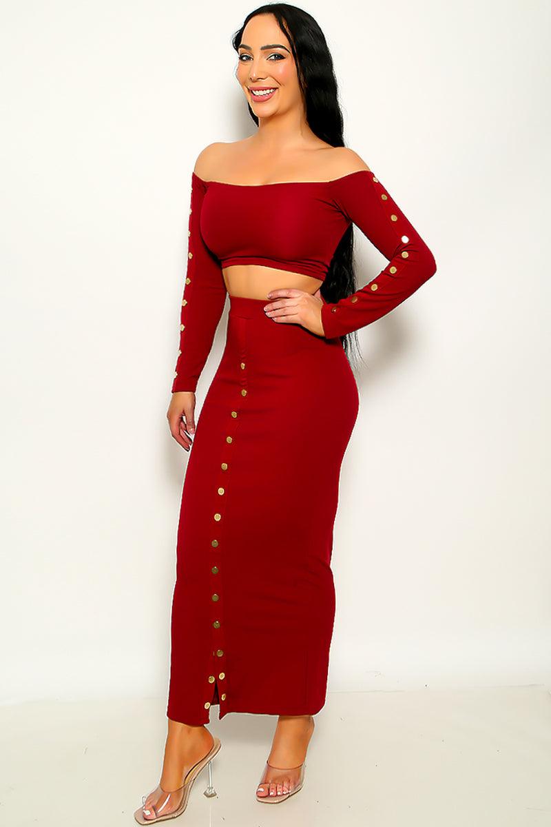 Wine Button Detail Ribbed Top With Maxi Skirt Set - AMIClubwear