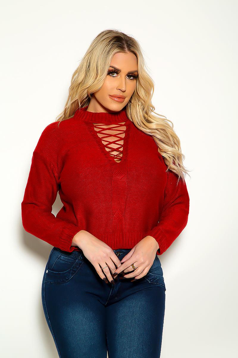 Wine Criss-Cross Long Sleeve Knitted Cropped Sweater - AMIClubwear