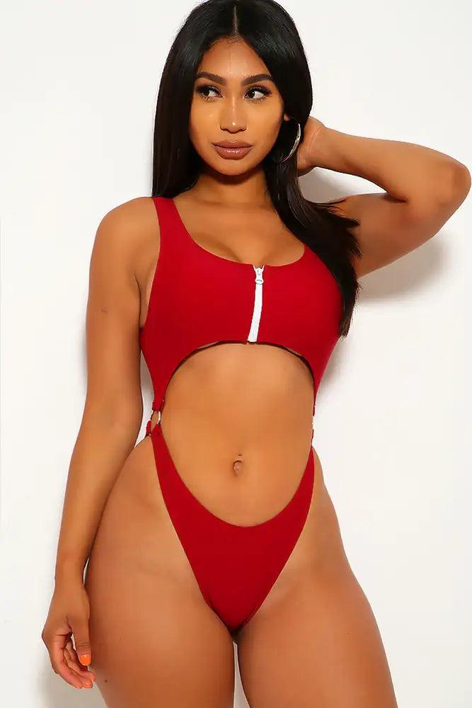 Wine Cut Out Front Zipper One Piece Swimsuit - AMIClubwear