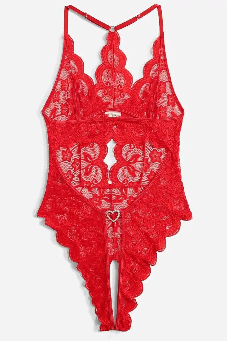 Wine Deep V-Neck Floral Lace Crotchless Teddy