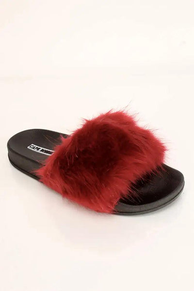 Wine Faux Fur Slip On Sandals - AMIClubwear