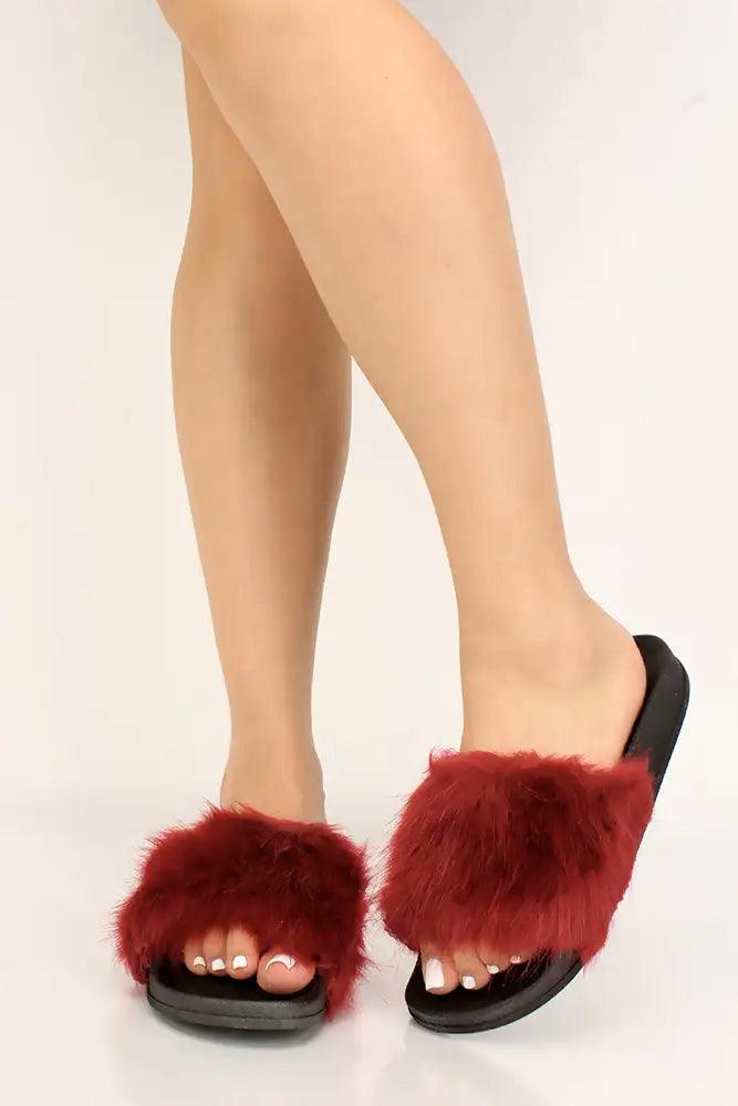 Wine Faux Fur Slip On Sandals - AMIClubwear
