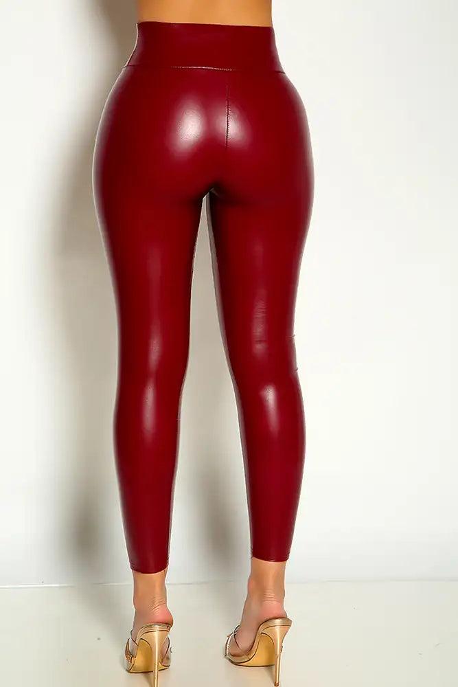 Wine Faux Leather Fitted Mid Rise Pants - AMIClubwear