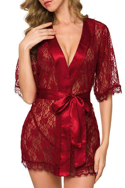 Wine Floral Lace Mid Sleeve Lingerie Robe 3 Pc Set - AMIClubwear