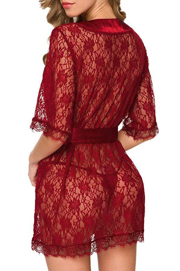 Wine Floral Lace Mid Sleeve Lingerie Robe 3 Pc Set - AMIClubwear