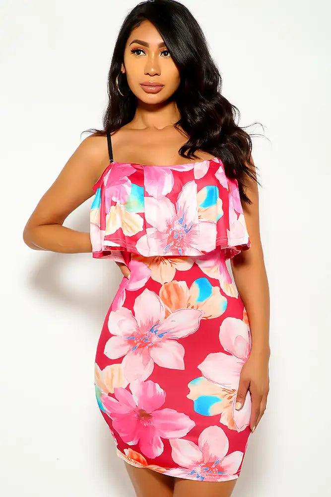 Wine Floral Print Ruffled Dress - AMIClubwear