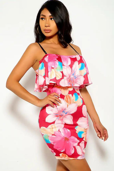 Wine Floral Print Ruffled Dress - AMIClubwear