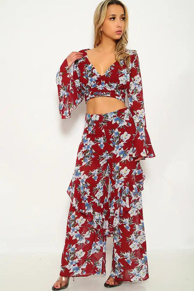 Wine Floral Print Two Piece Outfit - AMIClubwear