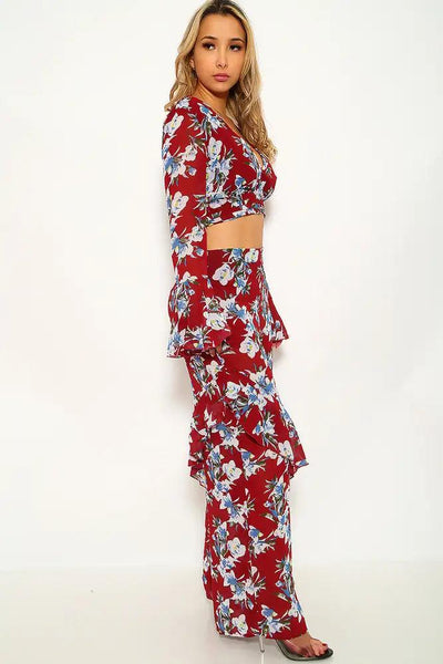 Wine Floral Print Two Piece Outfit - AMIClubwear