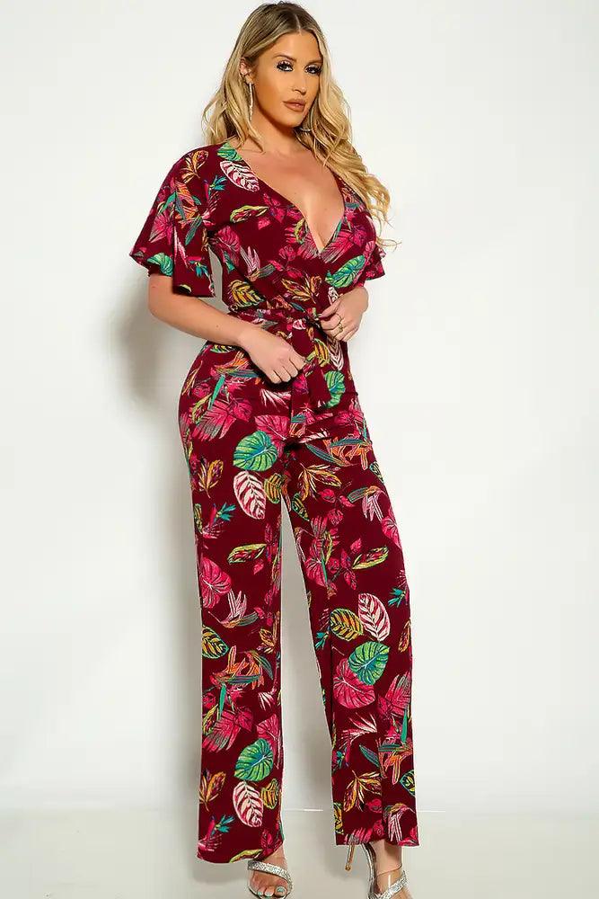 Wine Floral Short Sleeve Belted Flared Jumpsuit - AMIClubwear