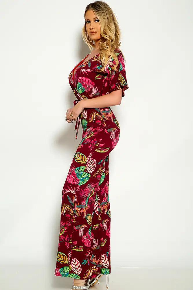 Wine Floral Short Sleeve Belted Flared Jumpsuit - AMIClubwear