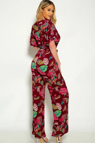 Wine Floral Short Sleeve Belted Flared Jumpsuit - AMIClubwear