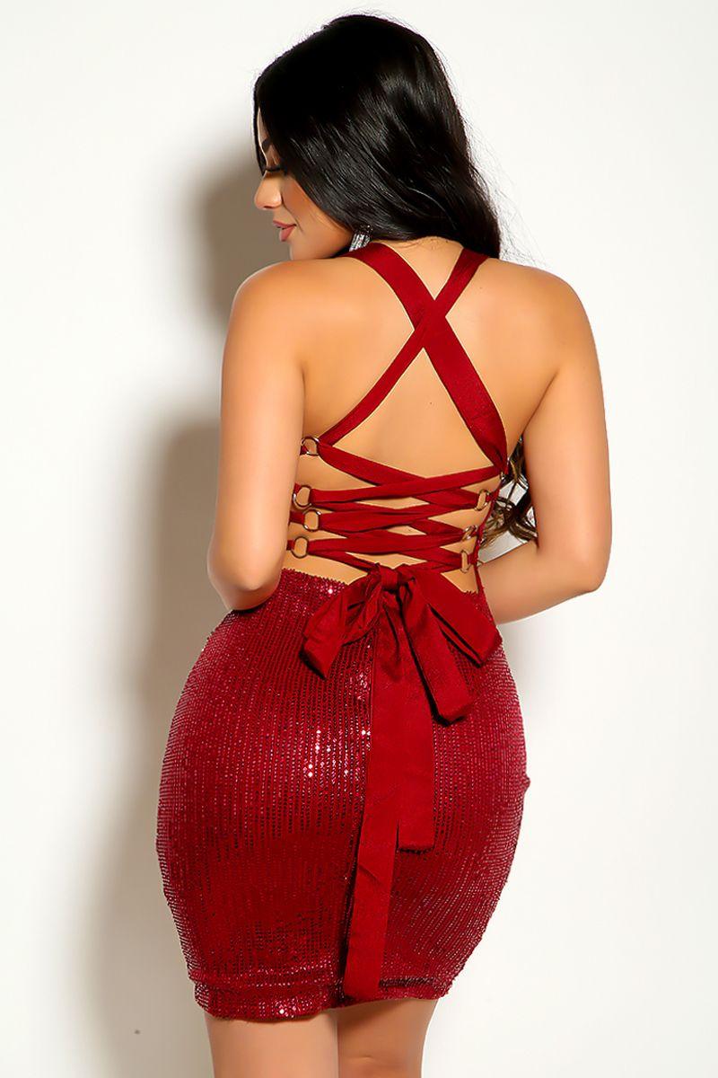 Wine Halter Sequins Lace Up Back Party Sexy Dress - AMIClubwear