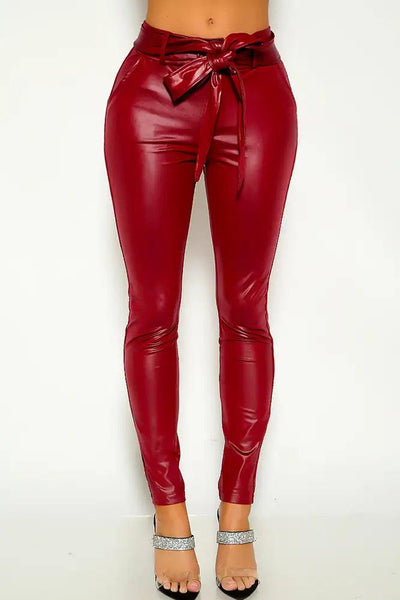 Wine High Rise Belted Pants Faux Leather - AMIClubwear