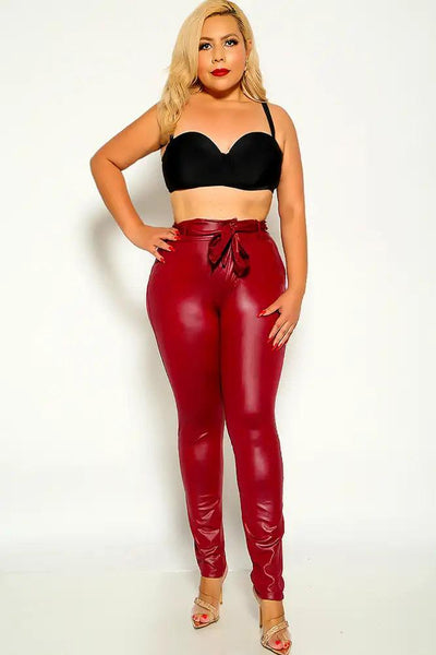 Wine High Rise Belted Plus Size Pants - AMIClubwear
