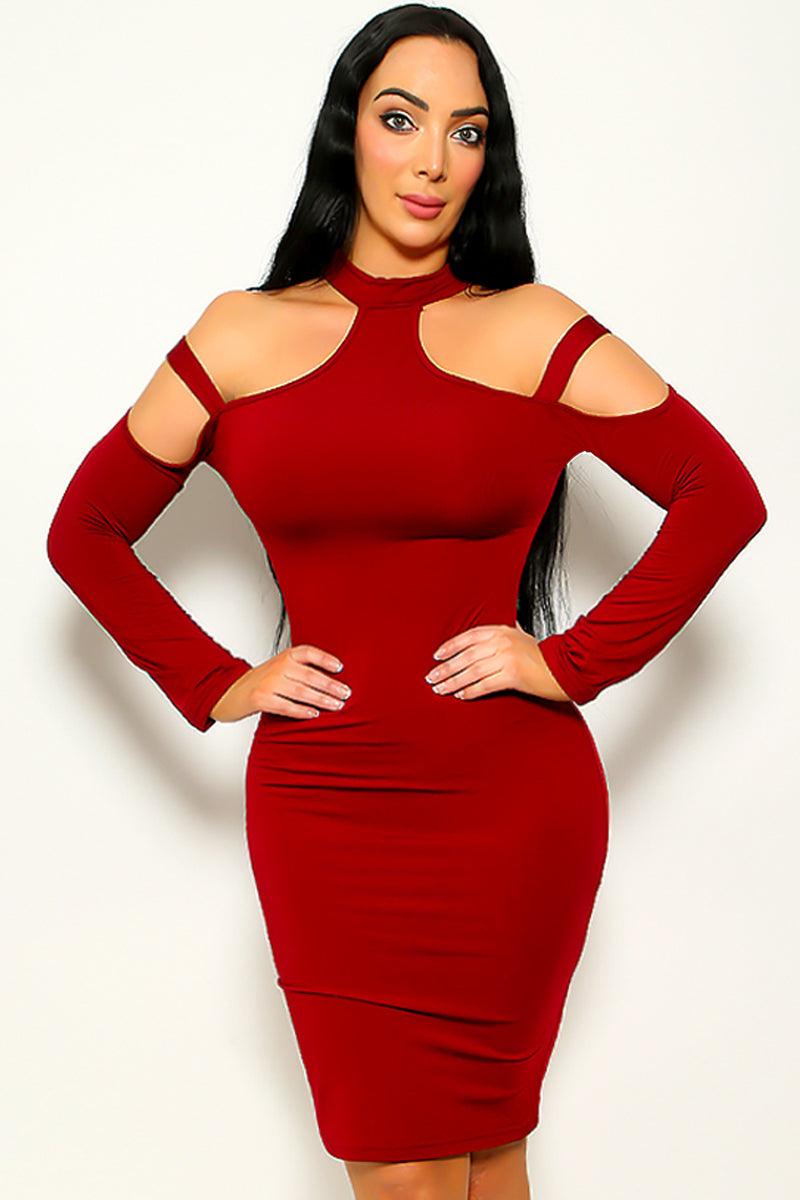 Wine Hollow Out Choker Neck Long Sleeve Dress - AMIClubwear