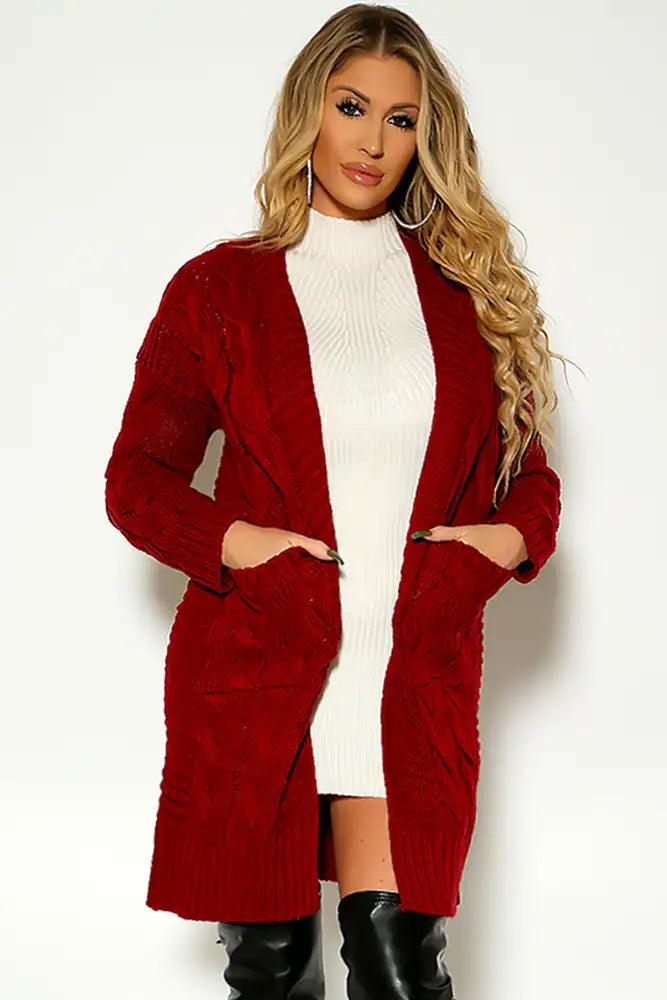Wine Knitted Long Sleeve Open Front Cardigan - AMIClubwear