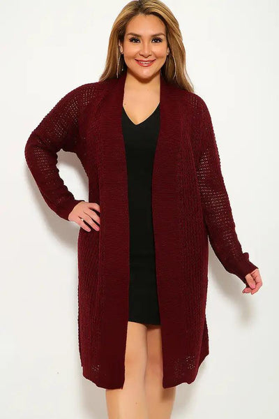 Wine Knitted Long Sleeve Plus Size Cardigan - AMIClubwear