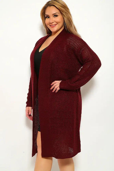 Wine Knitted Long Sleeve Plus Size Cardigan - AMIClubwear