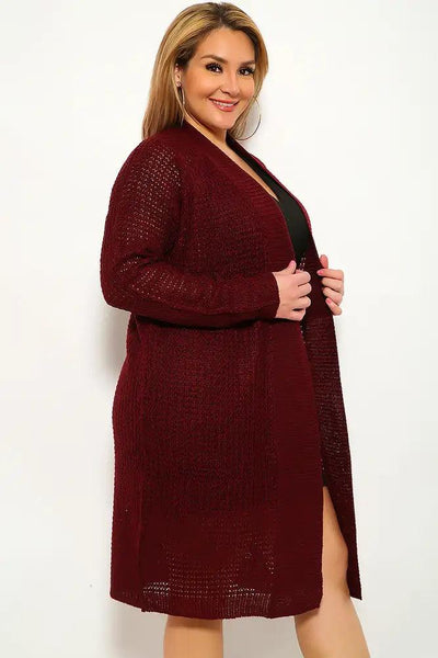 Wine Knitted Long Sleeve Plus Size Cardigan - AMIClubwear